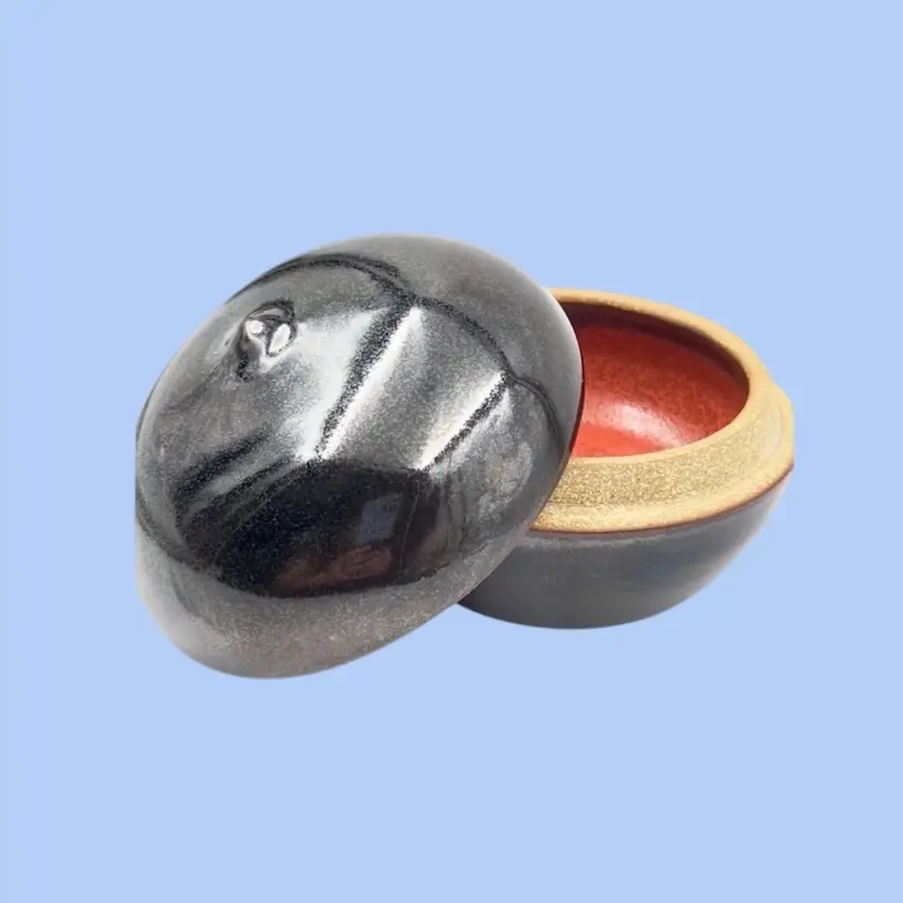 #268- Pottery Trinket Box Ring Dish cinnabar Red Interior Glaze Marked DH