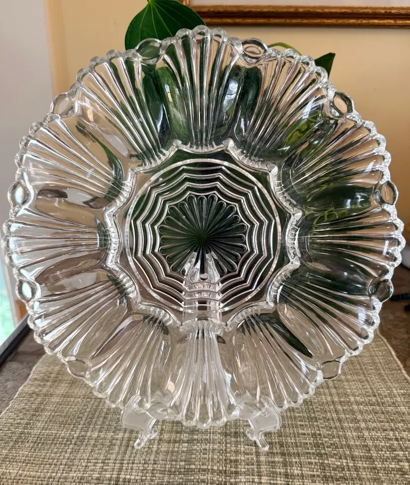 Vintage Clear Pressed Glass 10” Deviled Egg Plate – Scalloped Fan Design