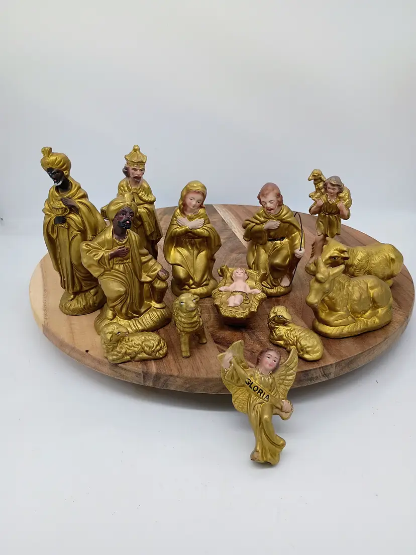 Vintage Nativity Papermache Composite Gold Figurines Japan 6 in 13 pieces.