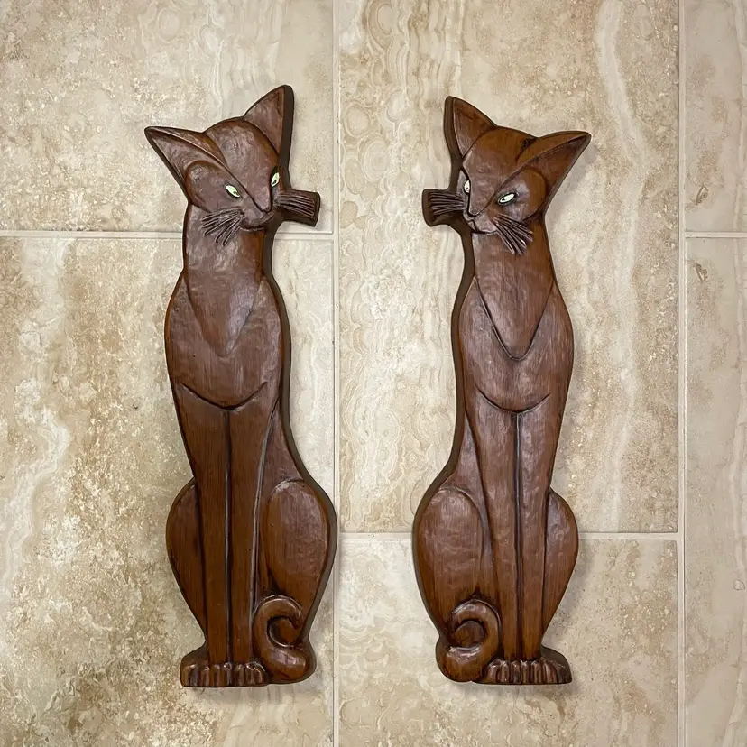Chalkware Pair of Brown Siamese Cats Green Eyes Plaster Wall Hanging Art MCM 1960s Vintage 21"