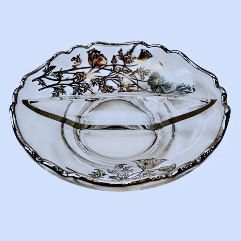 #199E- Vintage Condiment Candy Dish 
Divided 2 Section Silver Overlay 
“Flanders Poppies Pattern”
By Cambridge Glass 1940s