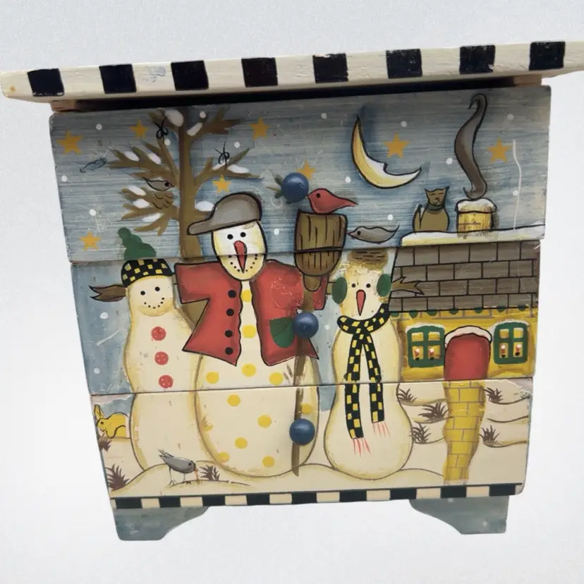 #01 Hand-Painted Primitive Folk Art Snowman Wooden Three-Drawer Jewelry Trinket Box 7” x 7”
