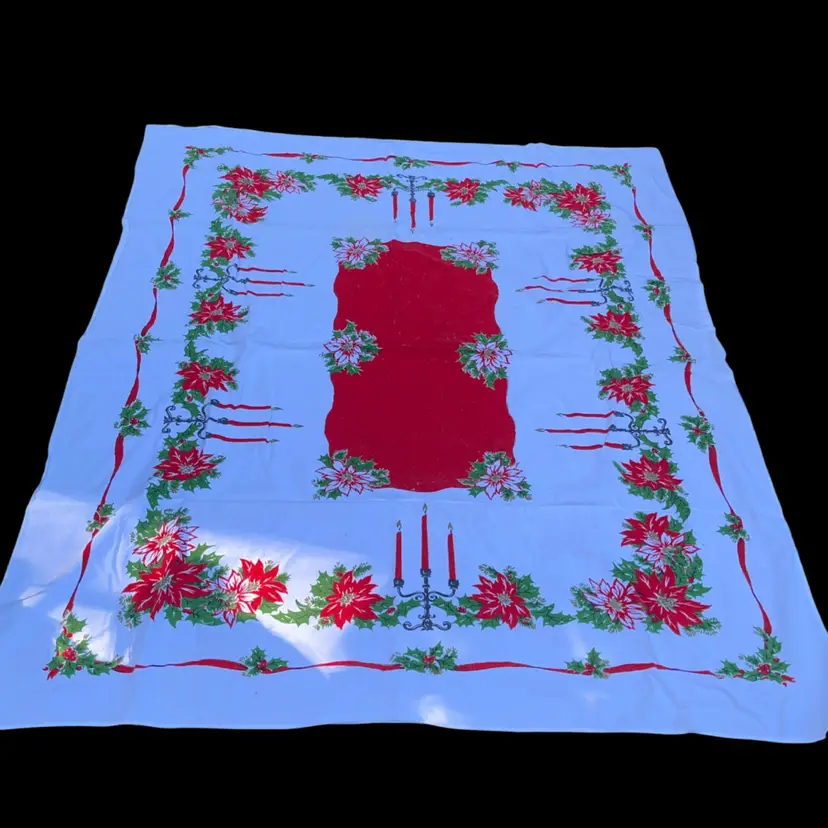 15. Mid Century Fairfield Christmas Candelabras Poinsettia Tablecloth Holly Vintage 50 x 60