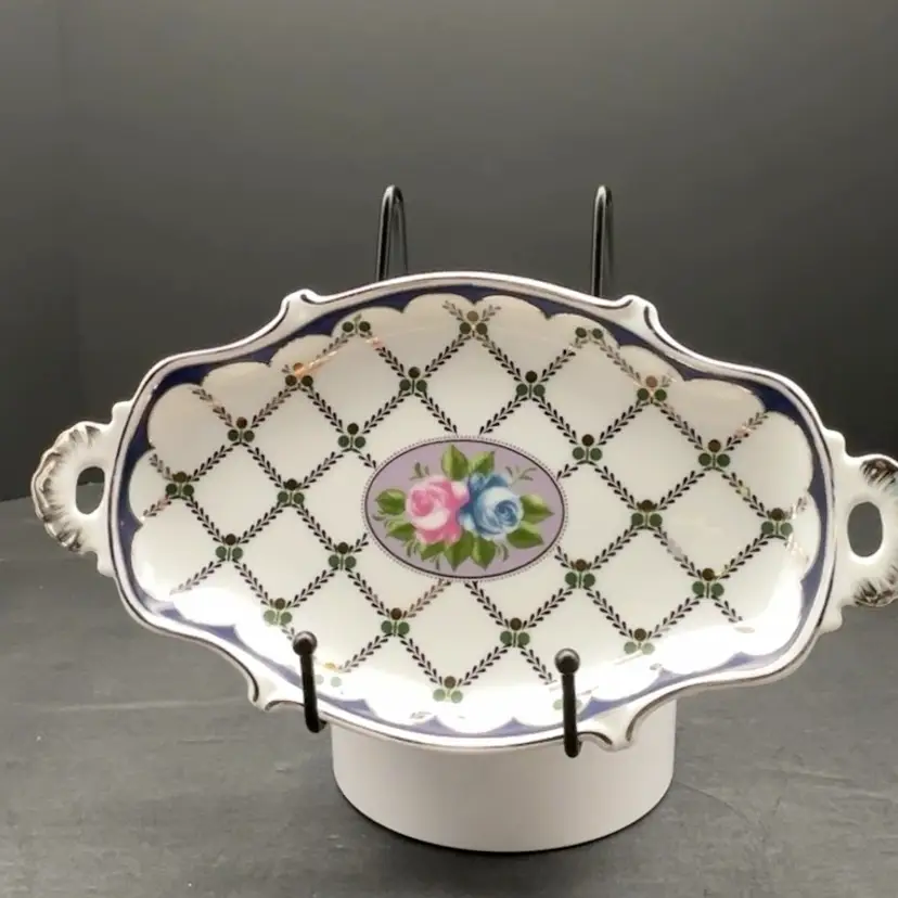 Hand-Painted Trellis & Rose Scalloped Platter