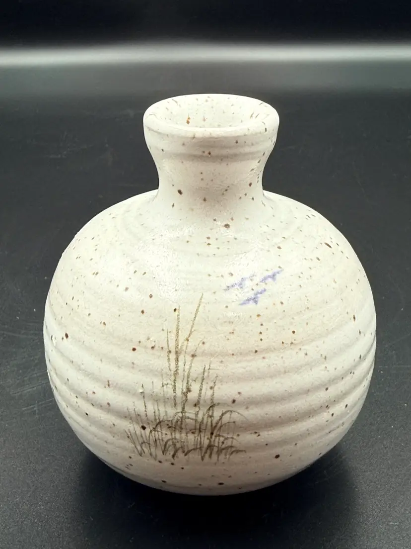 Signed Studio Art Pottery Bud Weed Vase Seagulls Sea Grass Nautical Coastal Vtg