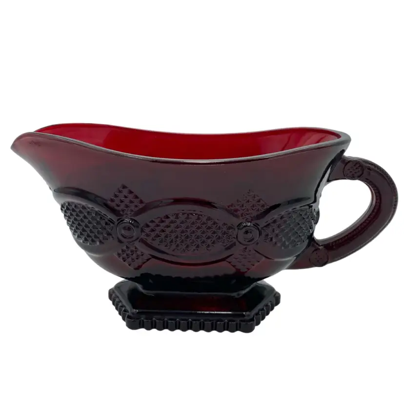 Vintage Avon 1876 Cape Cod Ruby Red Glass Gravy/Sauce Boat, Footed