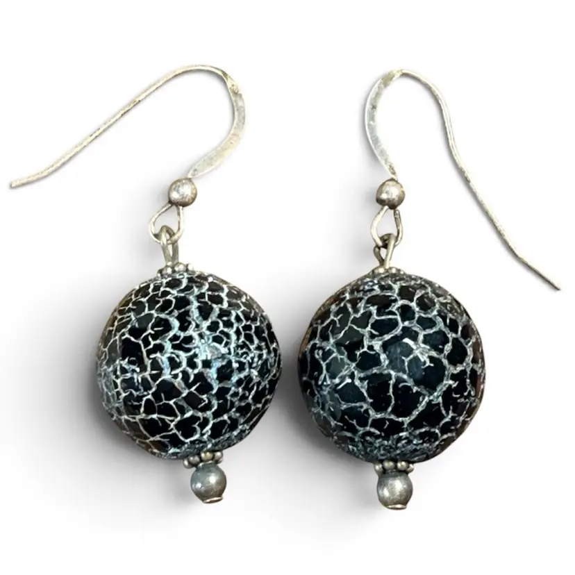 Black Crackle Glass Bead Earrings On 925 Earwire 1.5” Drop