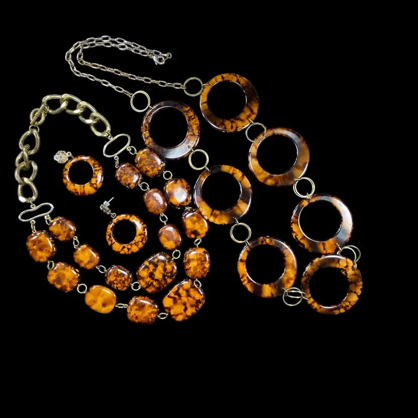 3-Piece Set Faux Tortoise Shell Beaded Necklace Earrings Belt Brown Amber