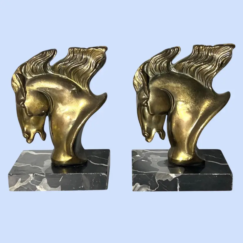 #341- Vintage Brass & Marble Bookend Set
Horse Head Bust Pair J.B. Hirsch 
Art Deco Marble Base