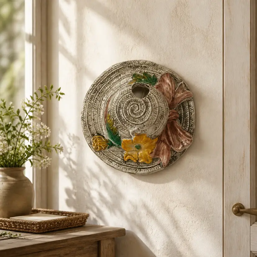 Glazed Ceramic Bird House, Hat Shaped Wall Pocket w/ Florals, Made in Italy