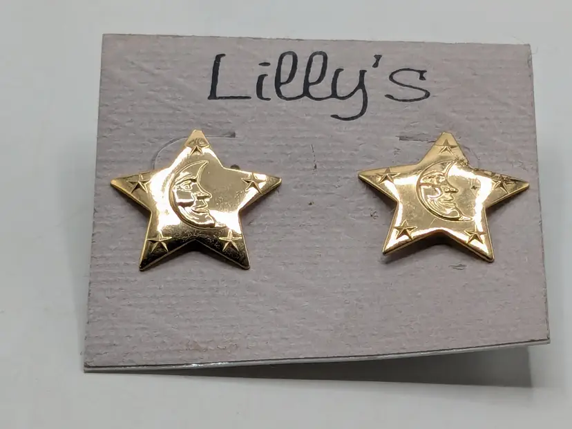 Vintage Lilly's Gold Tone Star and Moon Pierced Earrings NOS