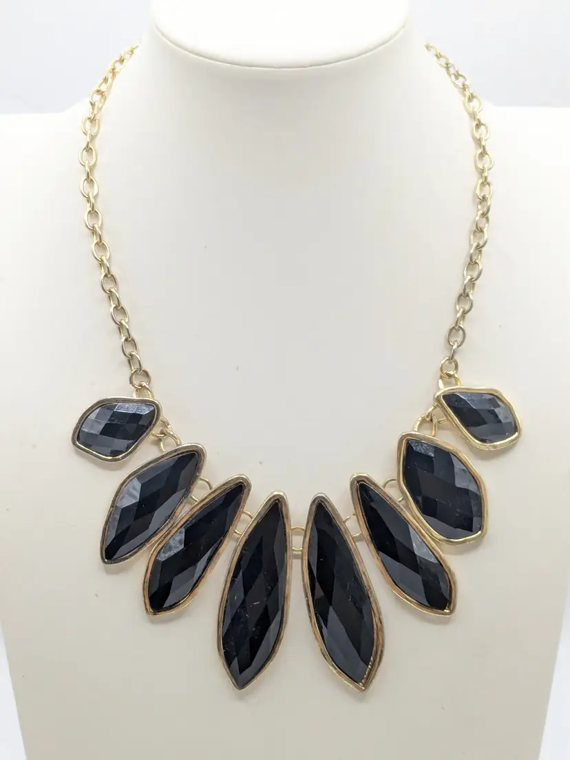 Gold Tone Faceted Black Glass Statement Necklace