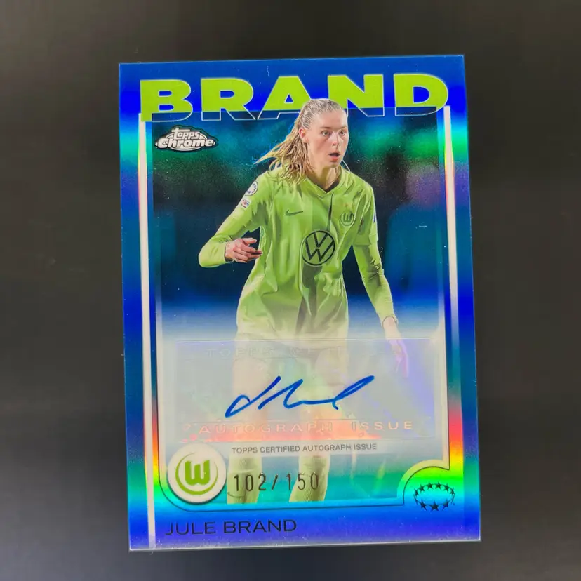 Jule Brand 2024/25 Topps Chrome UWCL Blue /150 Autograph Wolfsburg Soccer Card