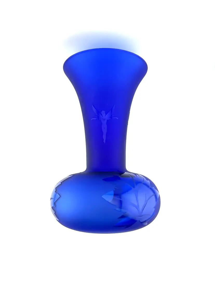 1995 Kelsey Murphy Pilgrim Glass Sand Carved Cobalt Blue Fairy Vase 5”x 8”