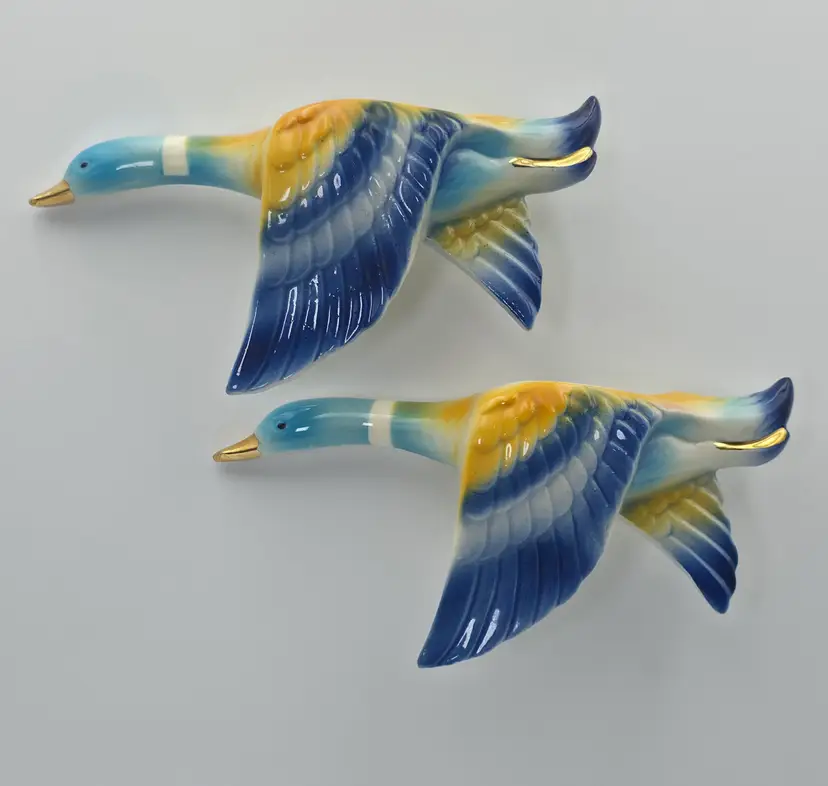 Vintage Flying Duck Pair Ceramic Wall Pockets Blue and Yellow