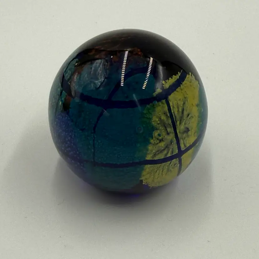 Blue Cobalt Art Glass Vintage Paperweight Abstract Swirl Hemisphere World Grid
