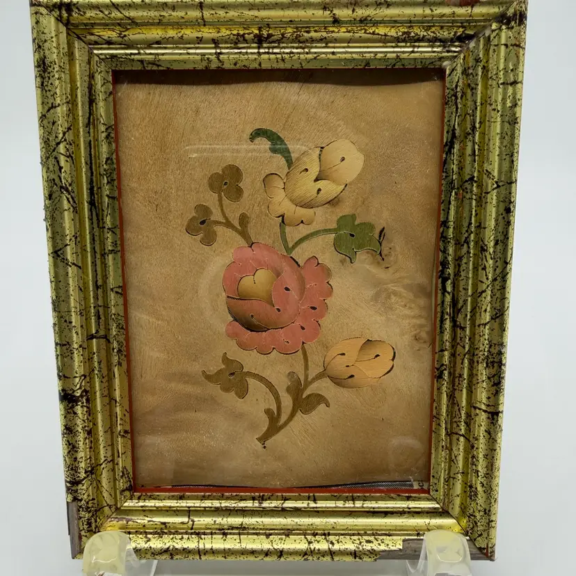 Vintage Framed Italy Sorento Wood Inlay Marquetry Floral Art Picture 4.75 X 6”
