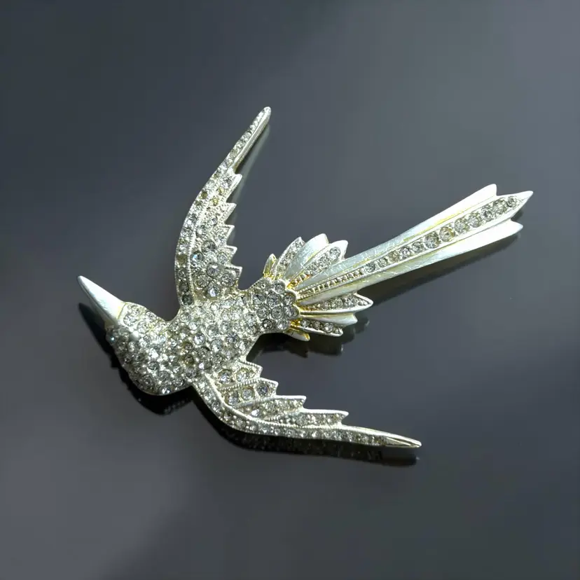 1940s Sterling Silver Retro Modern Pave Rhinestone Bird In Flight Brooch