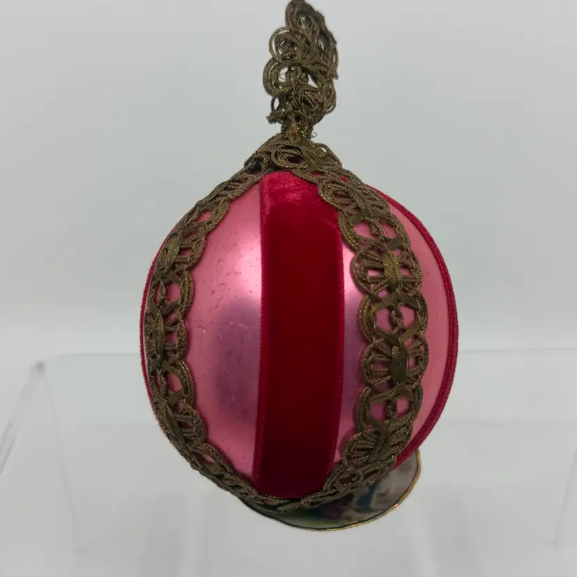Vintage Western Germany Glass Christmas Ornament Pink W Lace Velvet Wrapped 3”