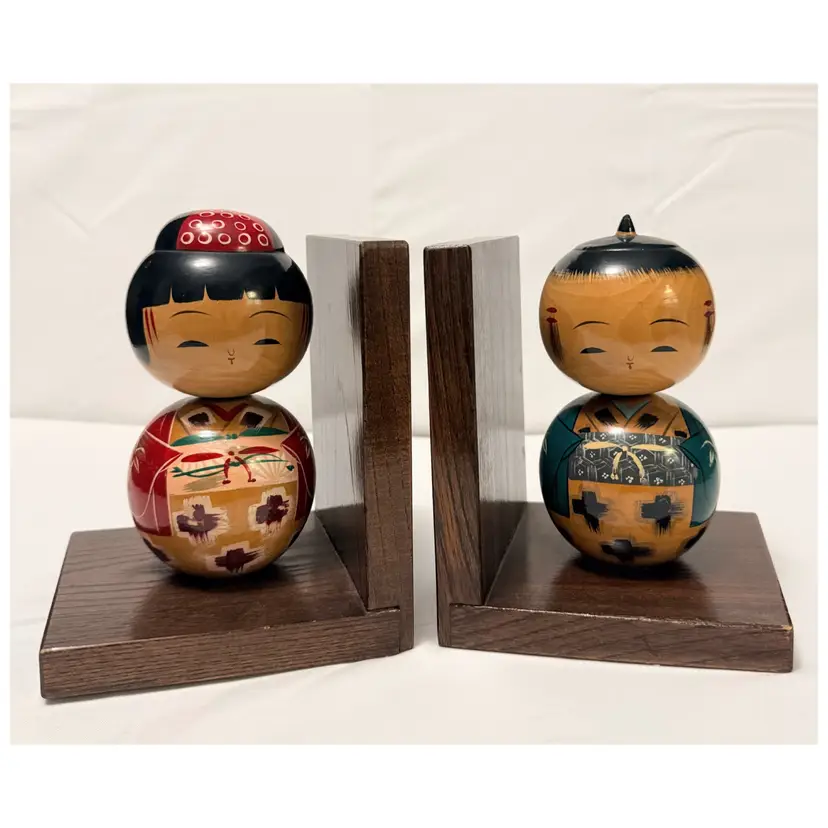 Vintage Japanese Kokeshi Doll Bookends Man & Woman 7” Hand Painted Wooden