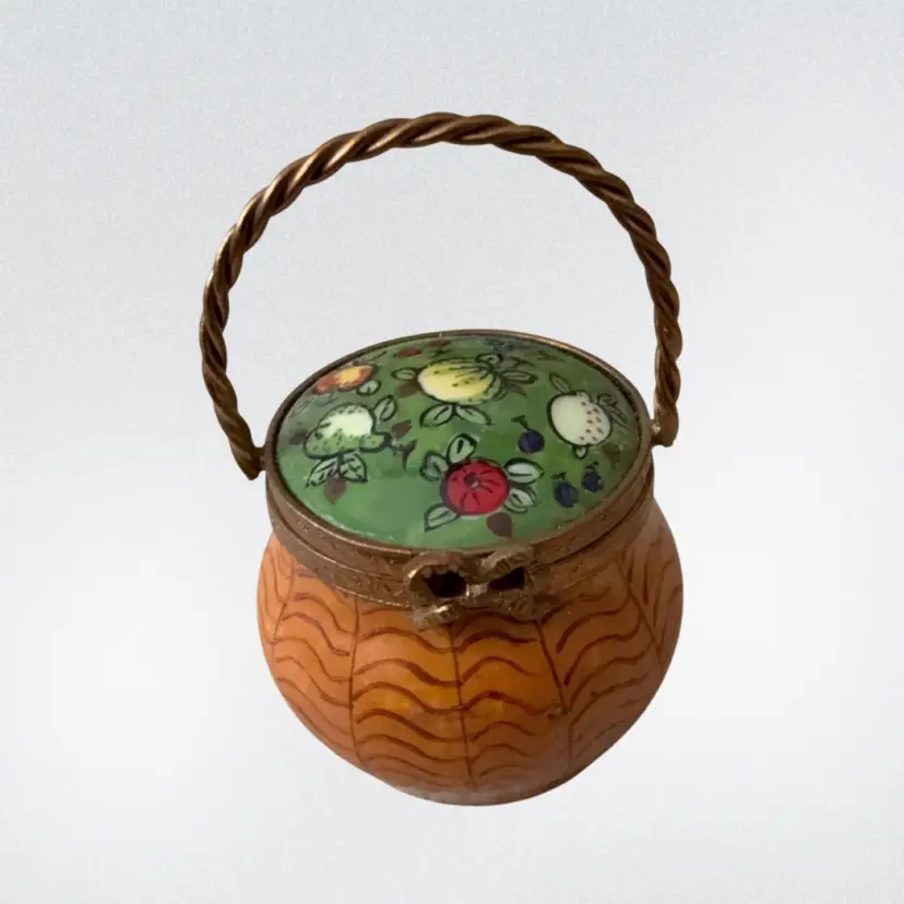 Vintage Limoges France Hand Painted Picnic Basket Trinket Box 2”