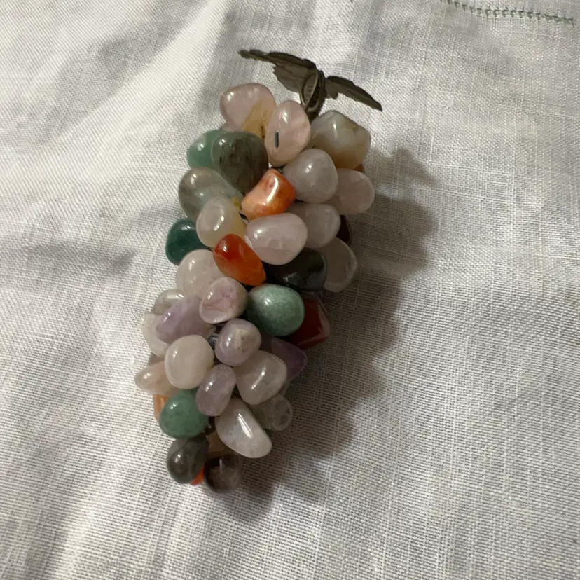 Small Multi-colored   - Vintage Natural Polished Semi-Precious Stones Cluster of Grapes W/Metal Maple Leaf 3”-3.25”