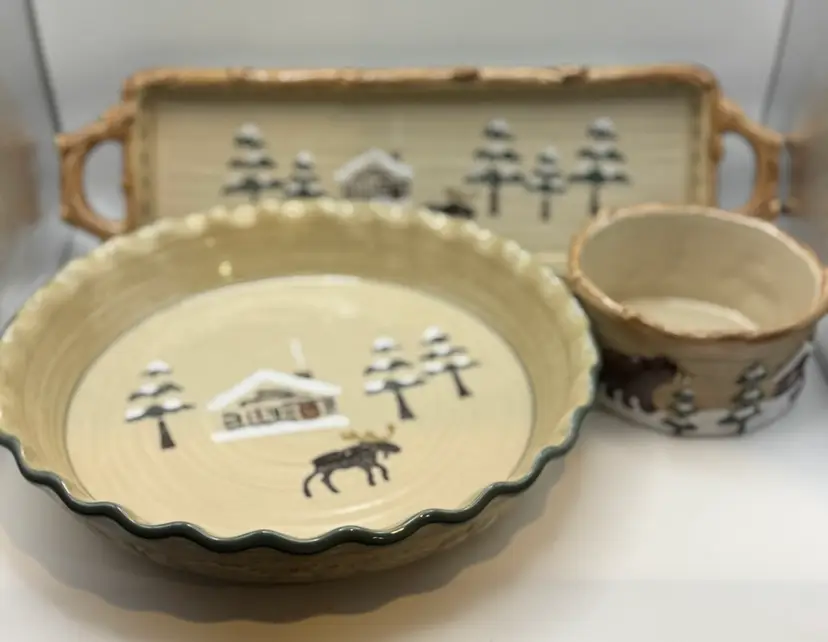 Sonoma Lodge stoneware Serving Set: Pie Plate (10”D), Tray (15” X 4.5”), Condiment Bowl (4.5”D/2.5” Deep)