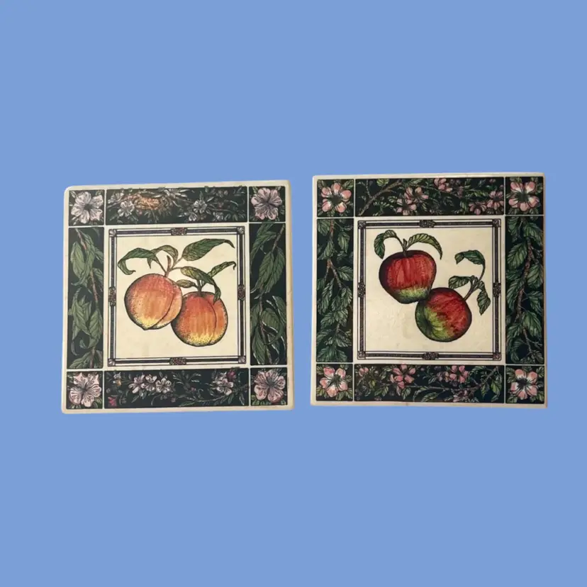 #143- Vintage Tile Trivets Wall Art By Santa Barbara Ceramic Design 1990 Fruit Peach Apple on Branch Wall Decor Flower Botanical Border