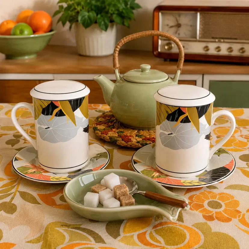 Original Boxed Set of Vintage Covered Tea Cups by Hankook Ceramic