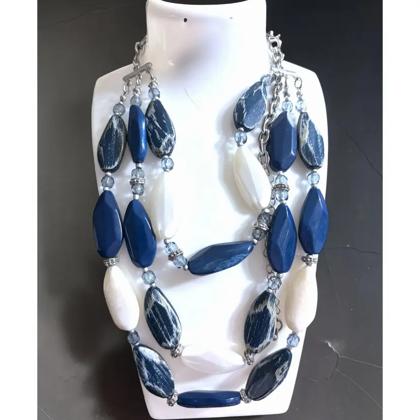 Signed NY (New York) Silver Tone Triple Strand Blue & White Bead Necklace - 16” 20” 22”