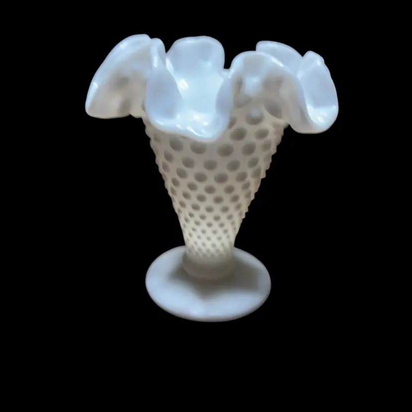 21. Vintage Milk Glass Vase 4" SMALL WHITE HOBNAIL BUD VASE RUFFLED TOP