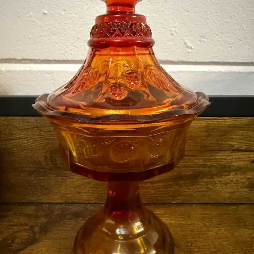 Vintage Rare Amberina Glass Pedestal Candy Dish Lid Strawberry Cadmium Glow