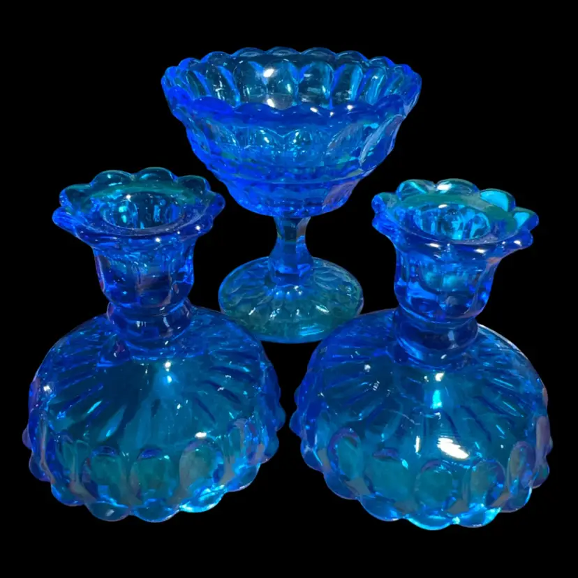 Three Vintage Fenton Blue Thumbprint Style Candlestick Holders Unmarked Pre-1970