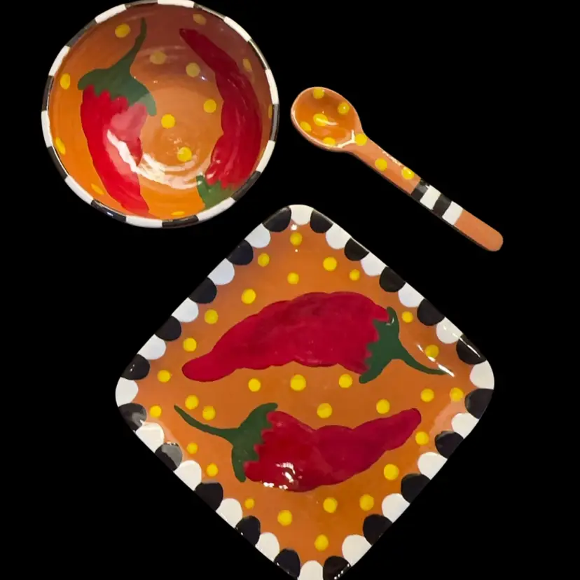Artist Signed New Mexico Chili Pepper Serving Set