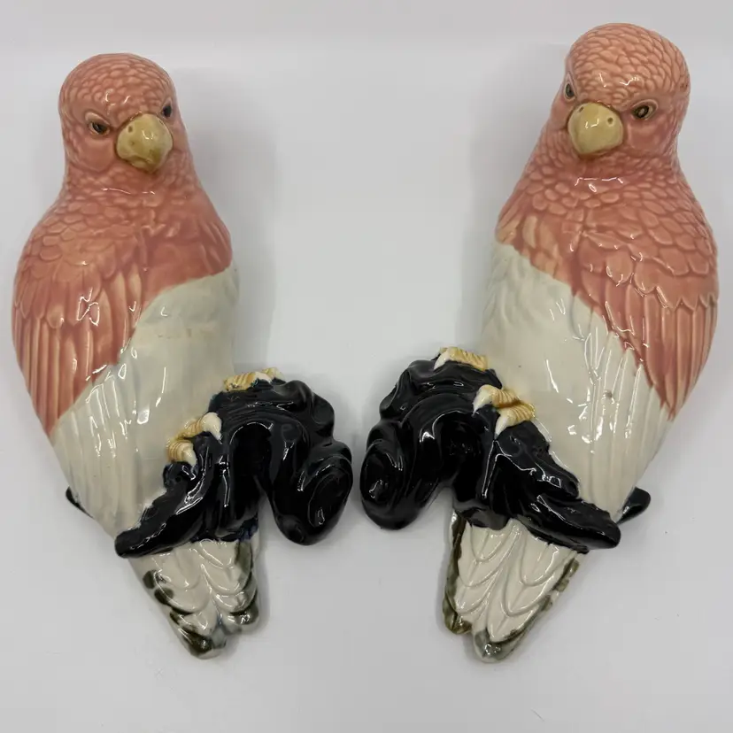 Vintage Pair Ceramic Parrot Parakeet Bird Vase Wall Pockets Pink Black 9.5”