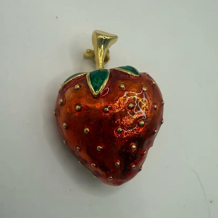 Enameled Strawberry Brooch 1.75”