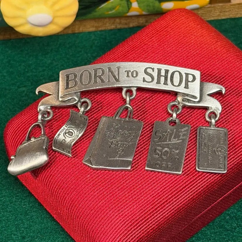 JJ Jonette Brooch Pin Born To Shop Dangle Charms Silver Tone Purse Sale Bag