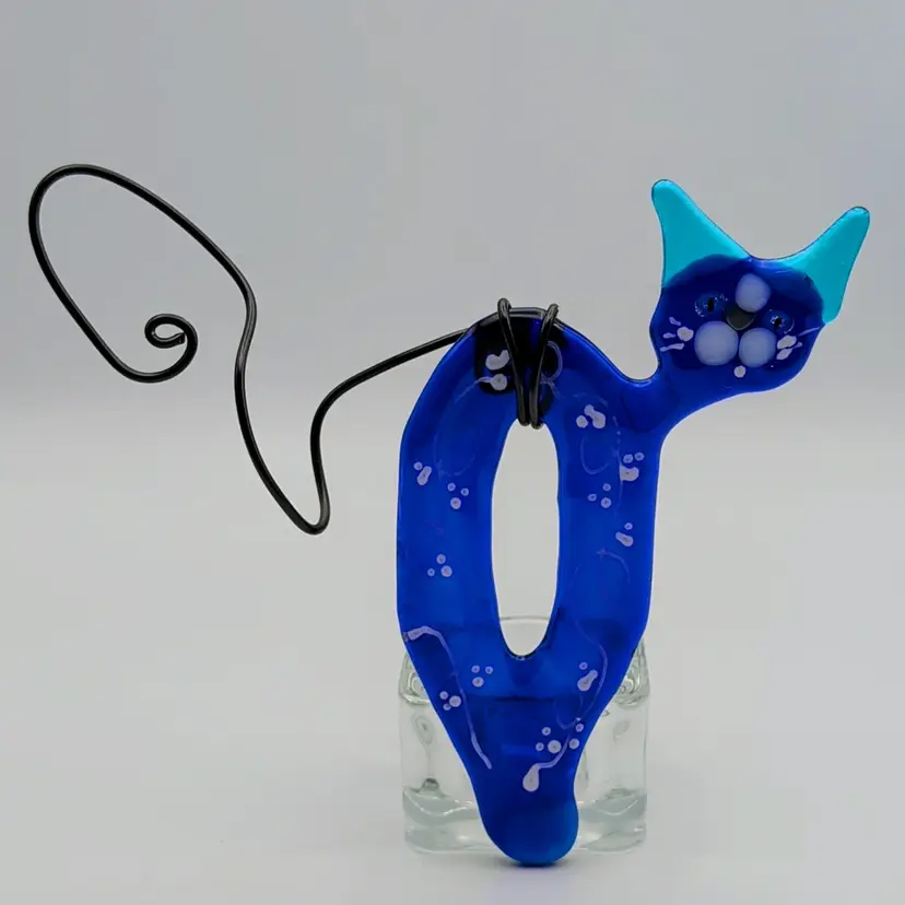 Fused Glass Blue Whimsical Cat with Wire Tail Candle Holder Dekor Design Norway