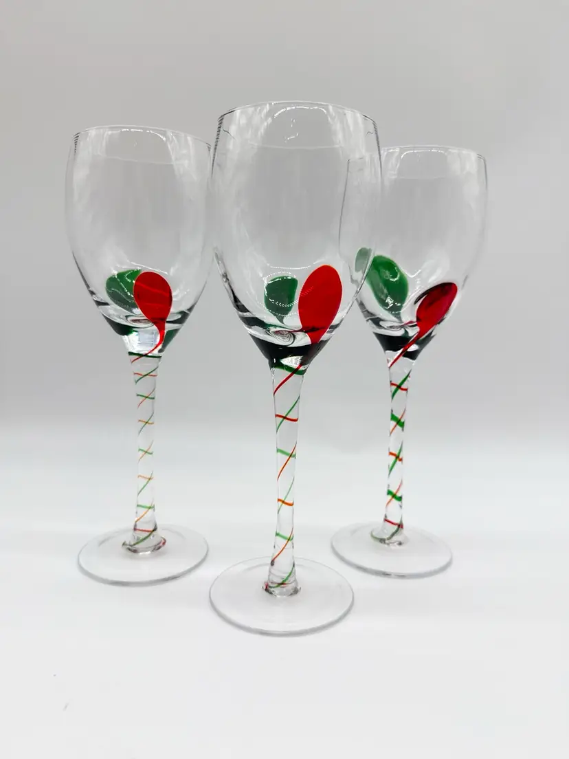 Lot 3 Pier One Imports Red Green Teardrop Swirled Optic Wine Glasses