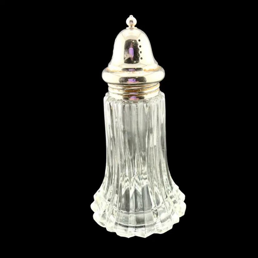 Vintage glass Sugar Shaker With Silver Plated Lid 6” Tall x 3” Wide At The Base