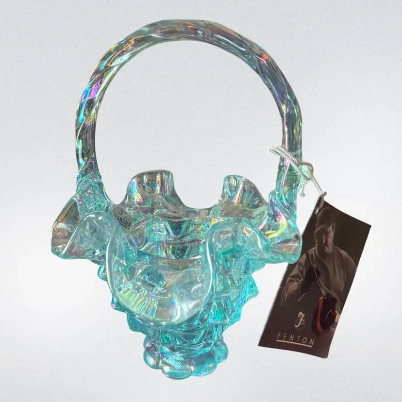 Fenton Iridescent Ice Blue Carnival Art Glass Basket with Twist Handle Ex Cond.