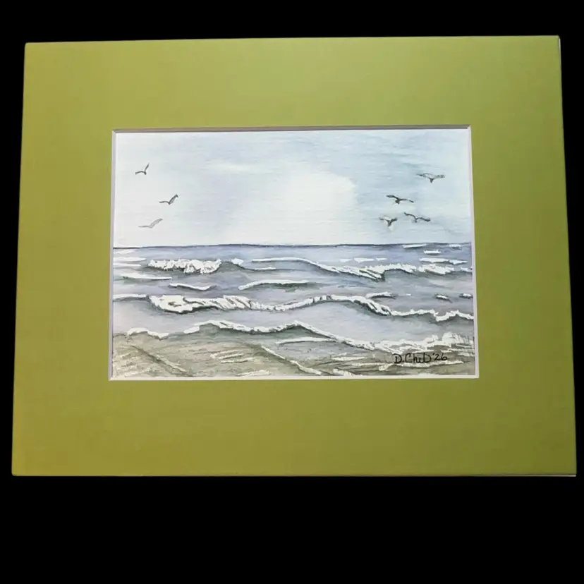 “Distant Shore” Watercolor Original 5”x7” Matted To 8”x10” Coastal Water Waves