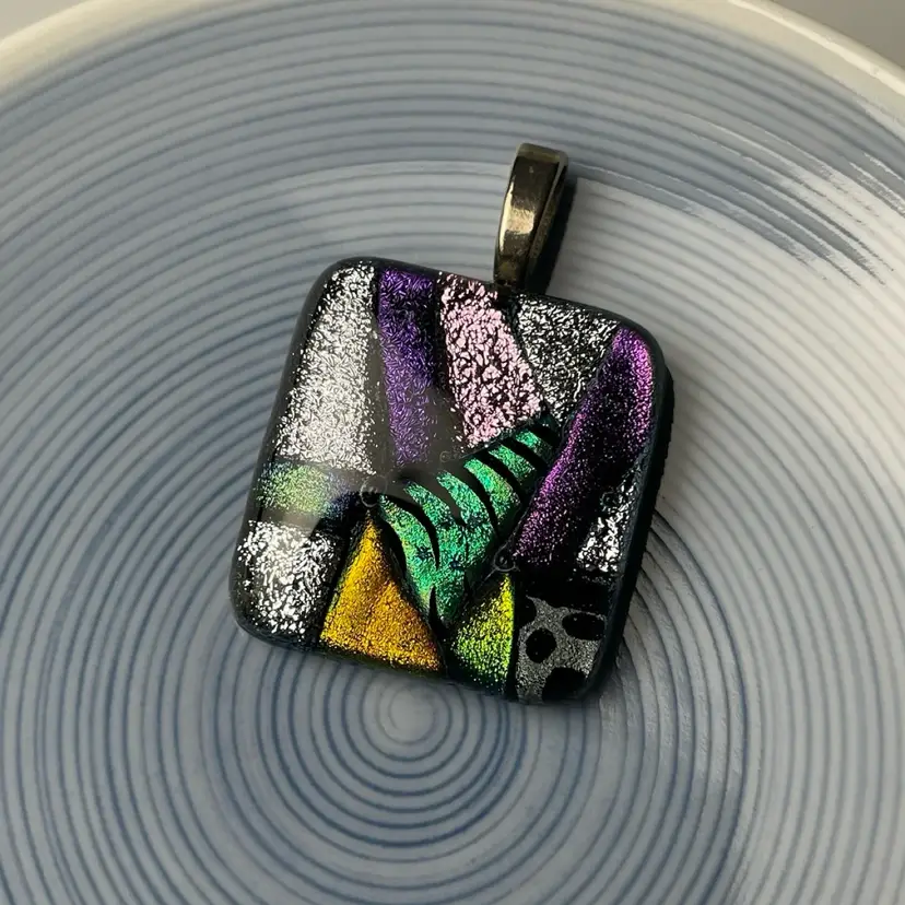 Funky Fun Artist Signed Fused Dichroic Glass Square Pendant Purple Teal Green 1"