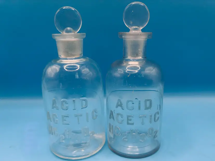 2 Antique T.C. Wheaton Co Acid Acetic apothecary glass bottles & glass stoppers