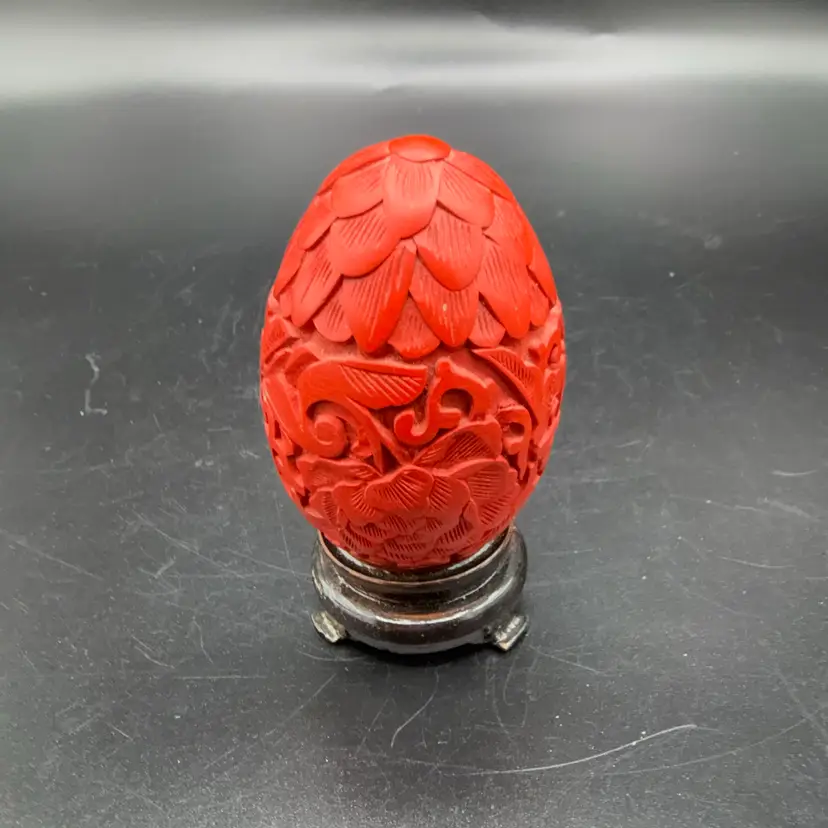Vintage Carved Cinnabar Egg With Wooden Stand