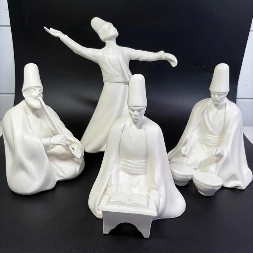 Set A Four White Ceramic Yeldiz Pasabahke Whirling Dervish Figures From Turkey