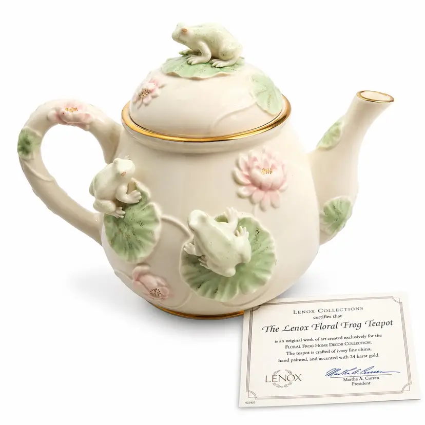 Lenox Floral Frog Teapot Ivory Fine China 24K Gold COA Excellent Condition