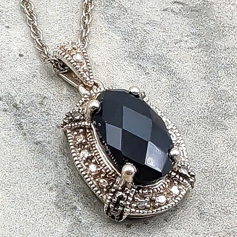 Black Onyx Marcasite 925 Sterling Silver Pendant and Necklace