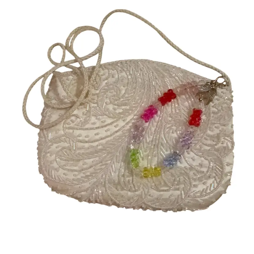vintage white beaded evening purse clutch floral swirl Bag W Embellished Colorful Beaded Key Fob