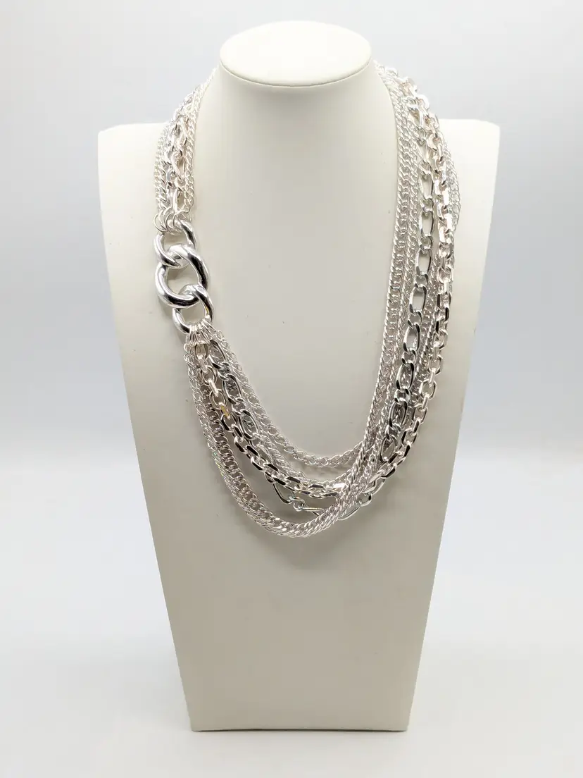 Chunky Silver Tone Multi-Strand Chain Necklace NWOT